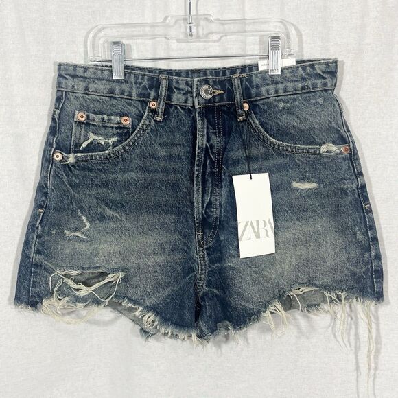 Zara Blue Distressed High Rise Shorts Size 8 NWT Ripped Fray Destroy - Picture 1 of 13